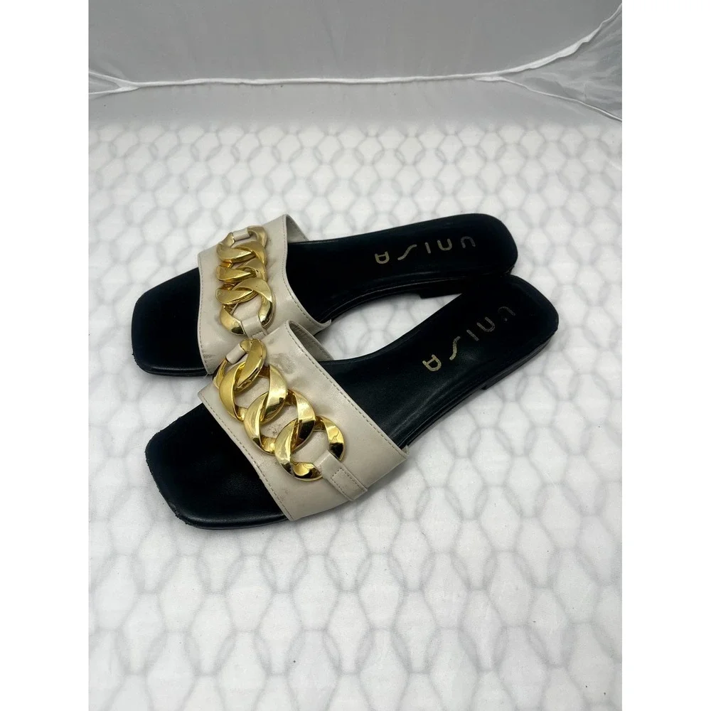 UNISA Women's Slide 8M Beige Gold Chain Faux Leather Square Toe Slip On Sandal
